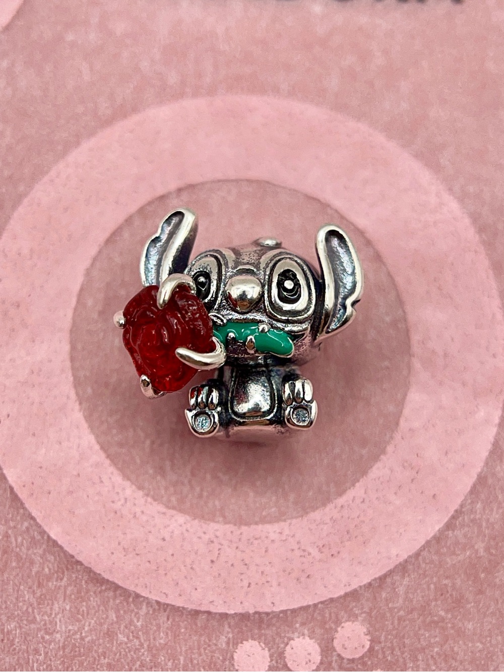 Pandora Disney Lilo & Stitch Biting Red Rose Enamel Silver Figurine Charm